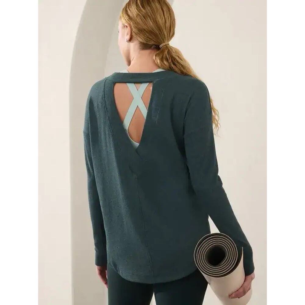 Athleta Balance Pullover Matte Teal Open Back Keyhole Sweatshirt 632058 Sz S